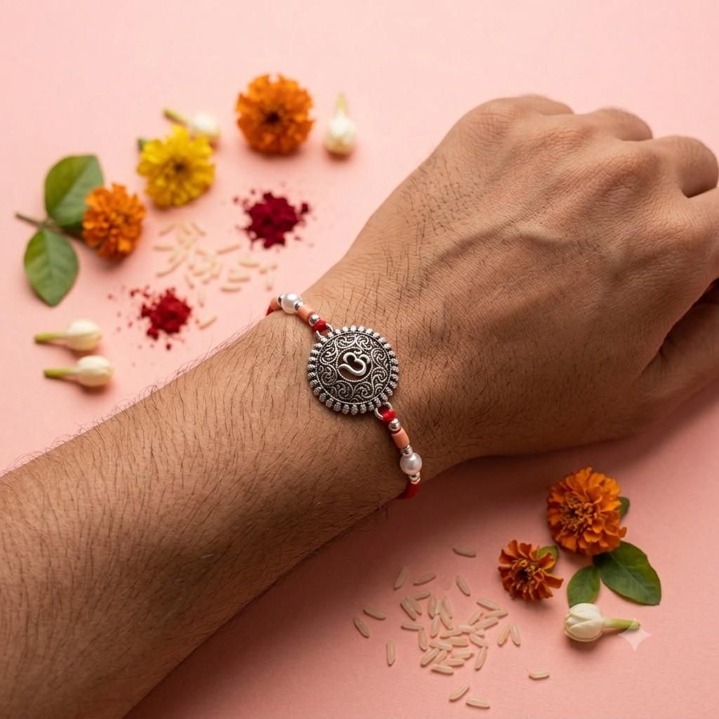 Om Embosed Flower Rakhi