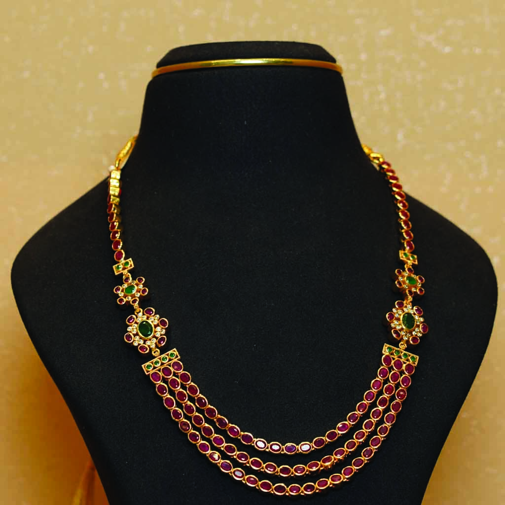 2 in 1 Three Line Necklace (Navaratan and Red)