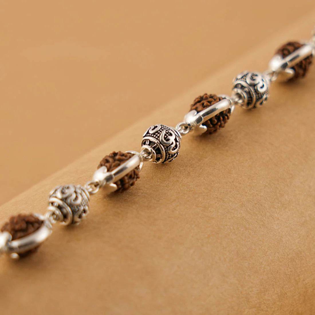 Rudraksha Silver Om Beads Capping Bracelet - Mayuri Silver House