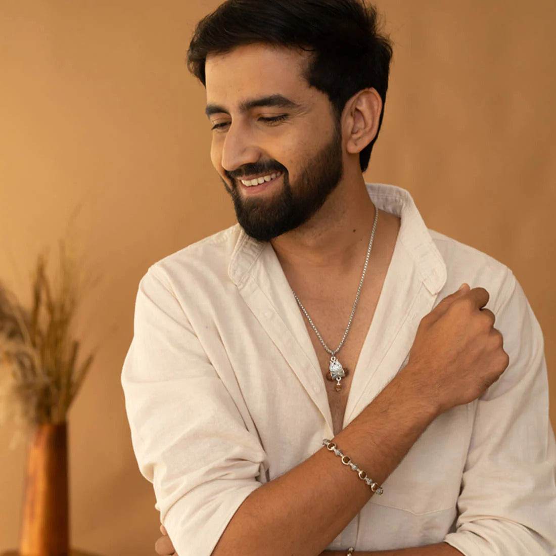 Rudraksha Silver Om Beads Capping Bracelet - Mayuri Silver House