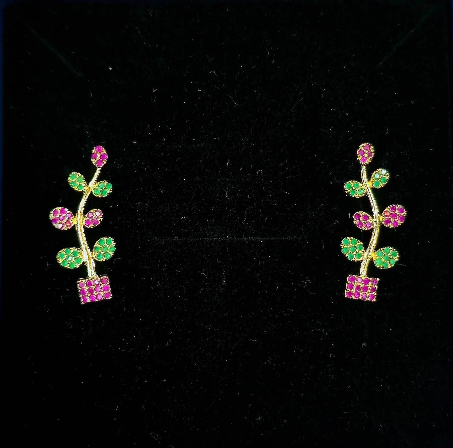 Green Pink Box Leaf Earcuffs - Mayuri Silver House