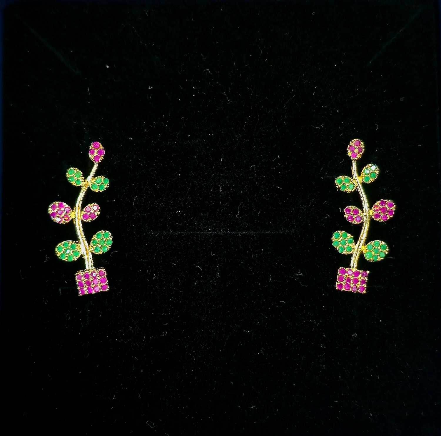 Green Pink Box Leaf Earcuffs - Mayuri Silver House