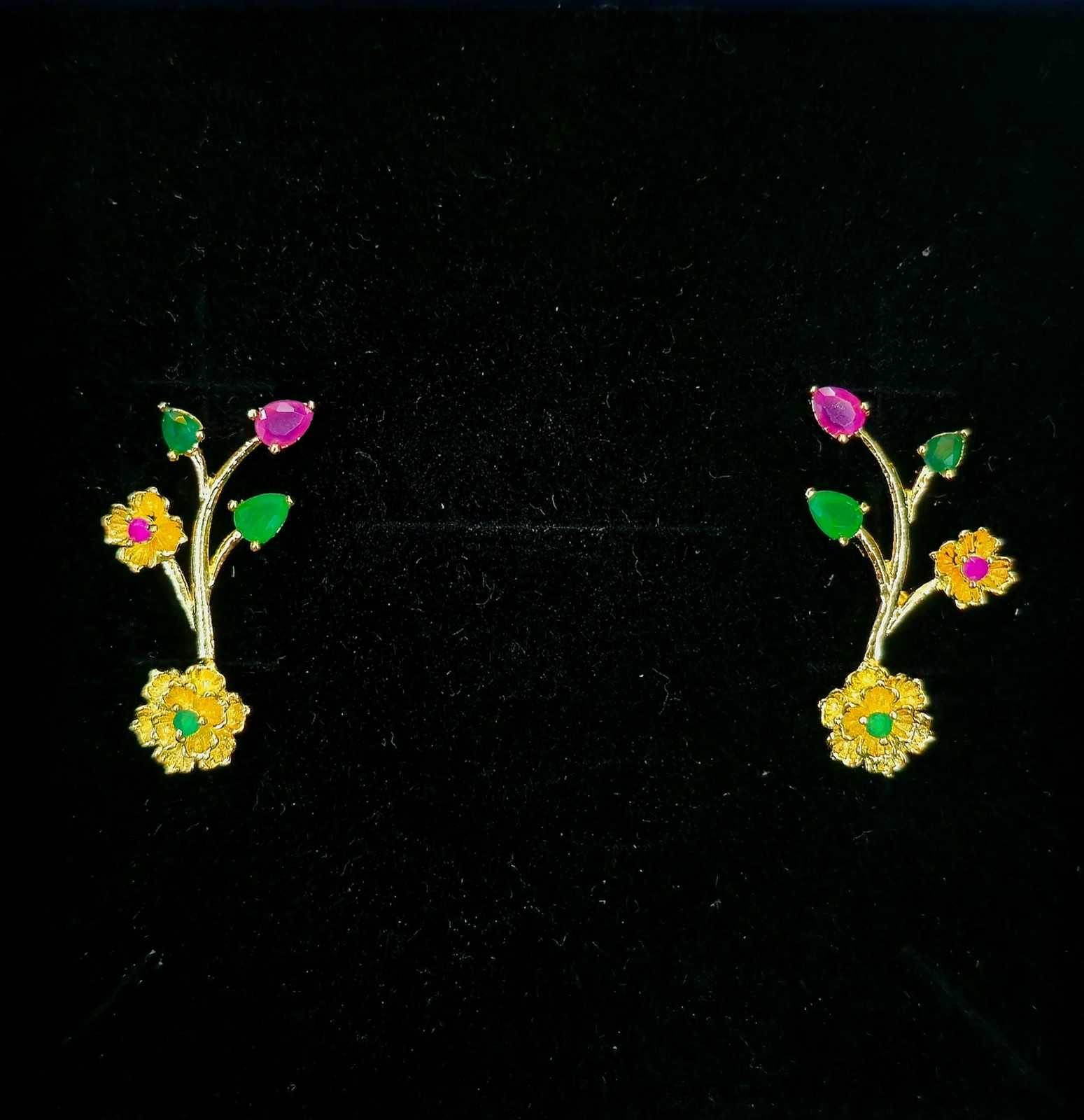 Pink Green Bloom Earcuffs - Mayuri Silver House