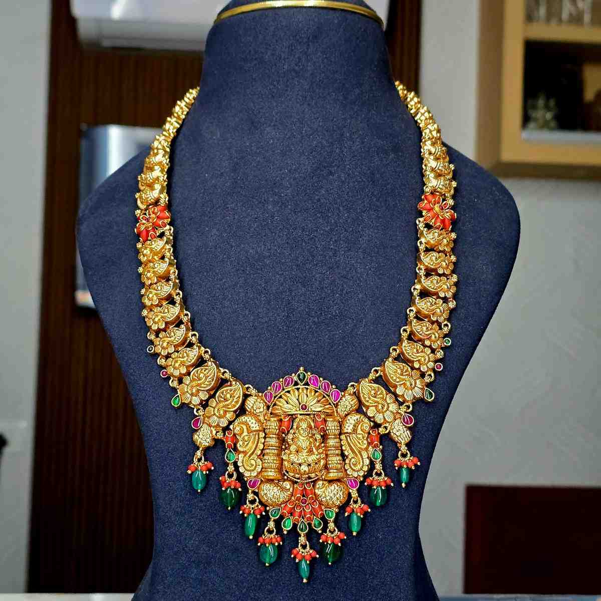 Lakshmi Coral Green Beads Long Necklace