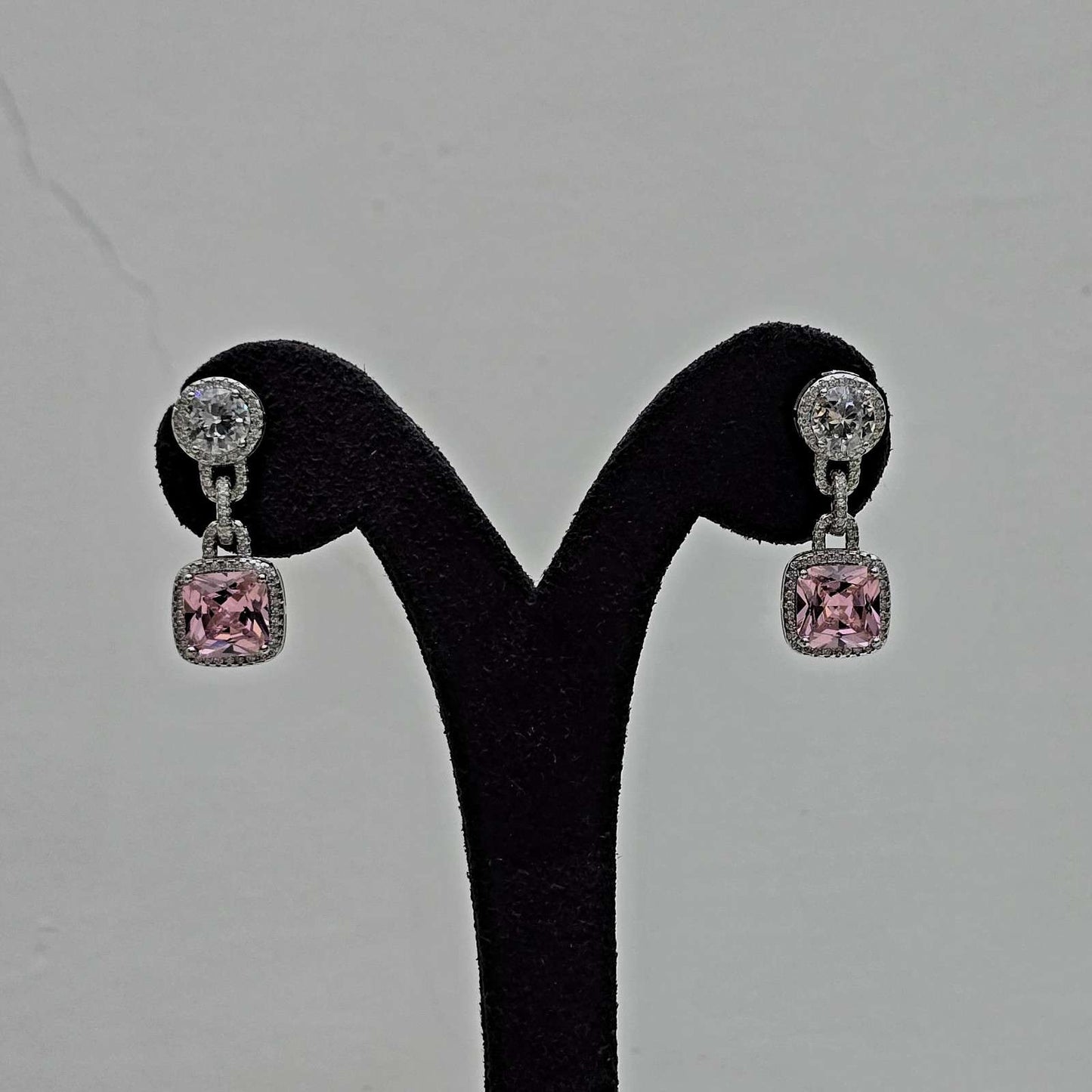 Pink Stone Silver Drop Earrings