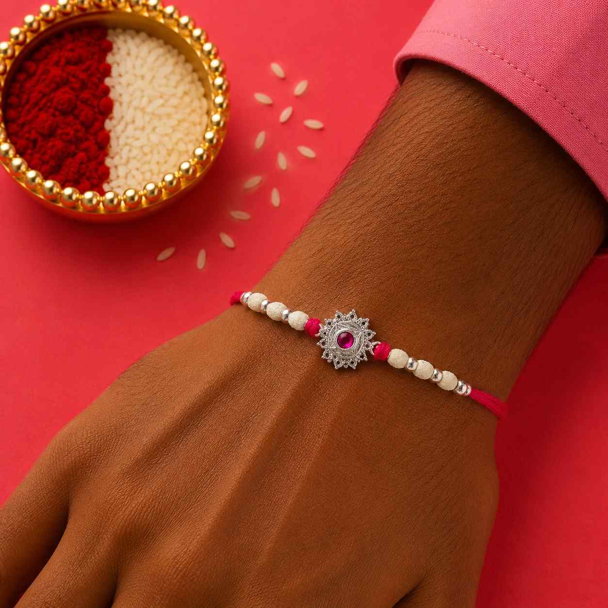 Pink Stone Flower Rakhi