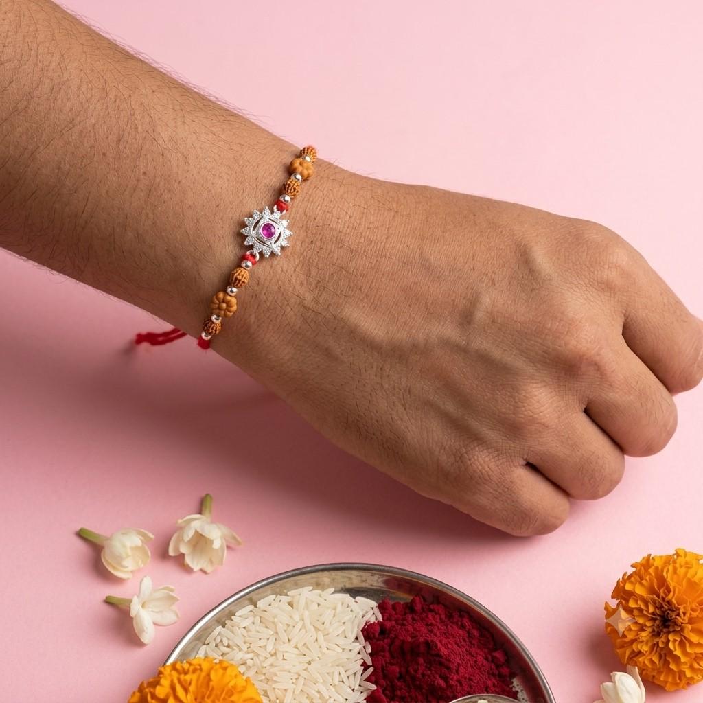 Pink Floral & Wooden Bead Rakhi