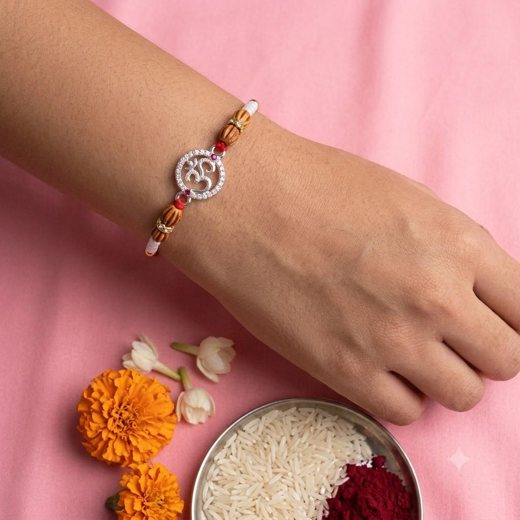 Om Round Wooden Oval Rakhi
