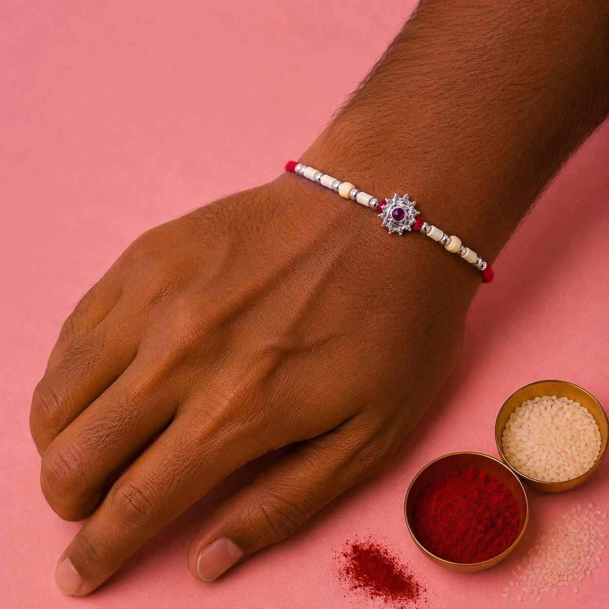 Pink Stone Flower Tulsi Rakhi