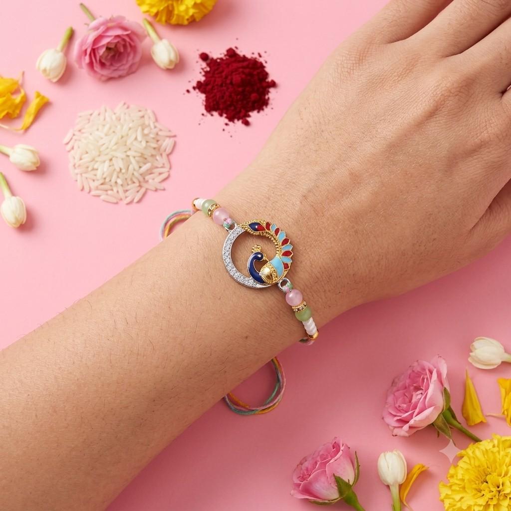 Golden Peacock Enamel Rakhi