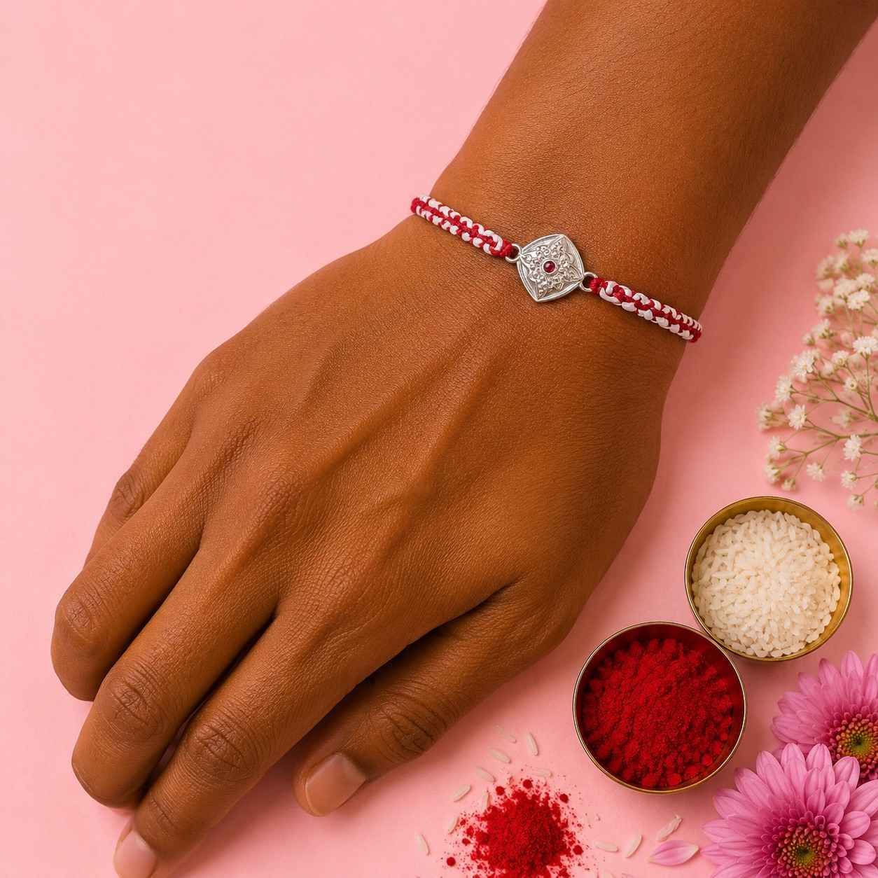 Ruby Blossom Silver Rakhi