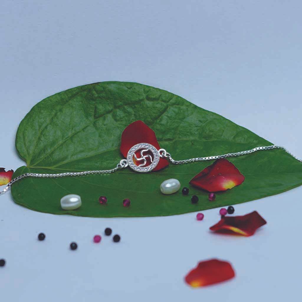 Swastik Round Stones Chain Rakhi - Mayuri Silver House