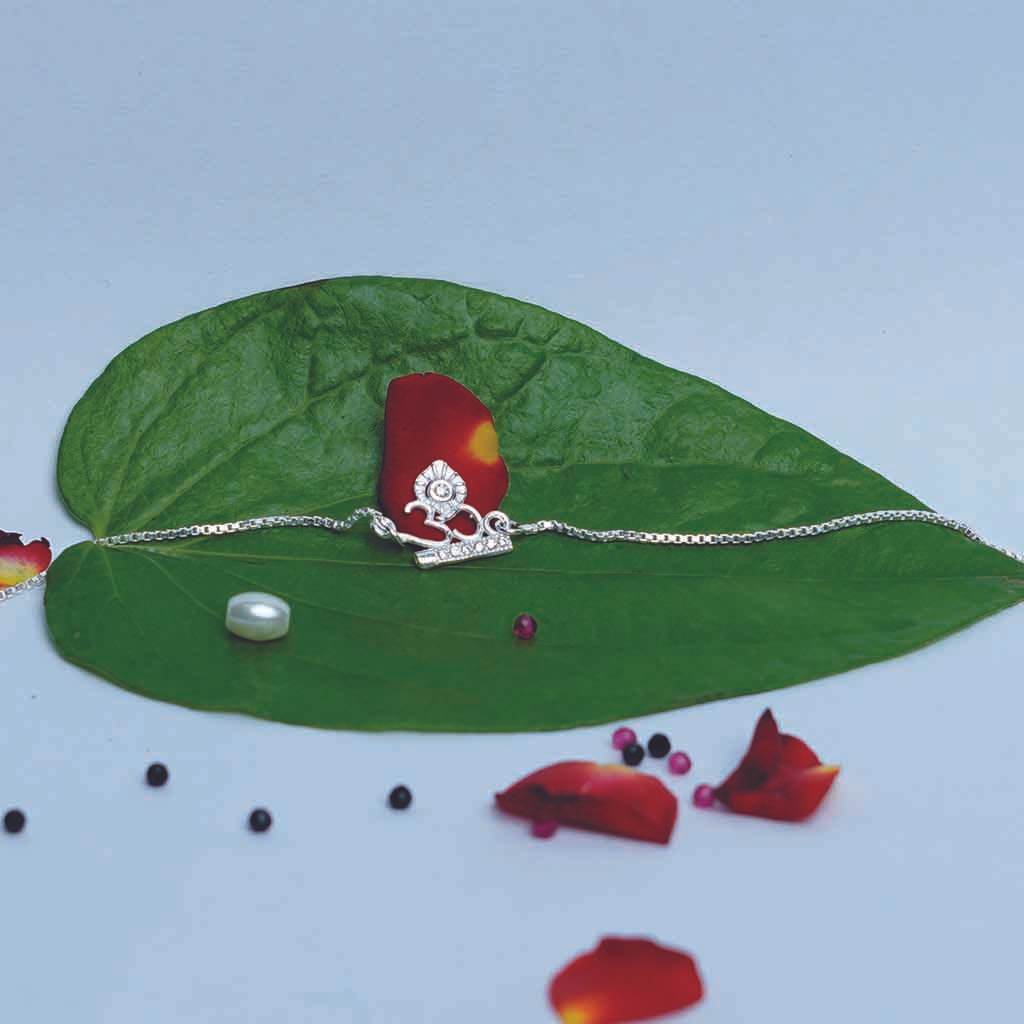 Om Peacock Feather Chain Rakhi - Mayuri Silver House