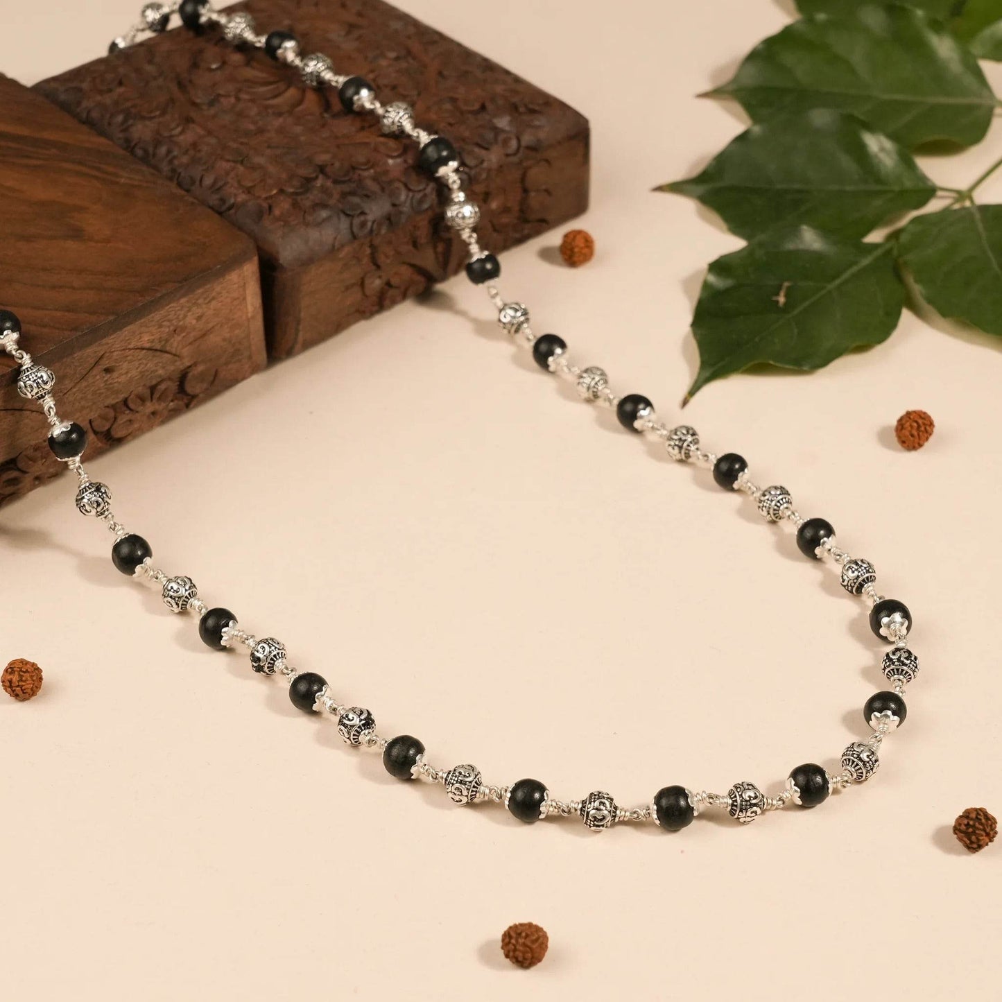 Karungali with Om Silver Beads Mala - Mayuri Silver House
