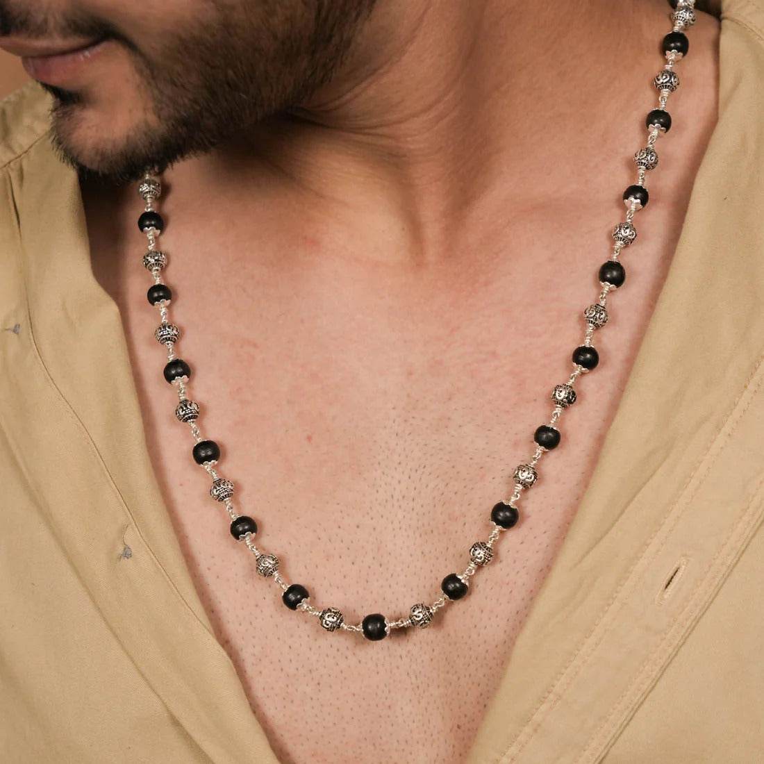 Karungali with Om Silver Beads Mala - Mayuri Silver House