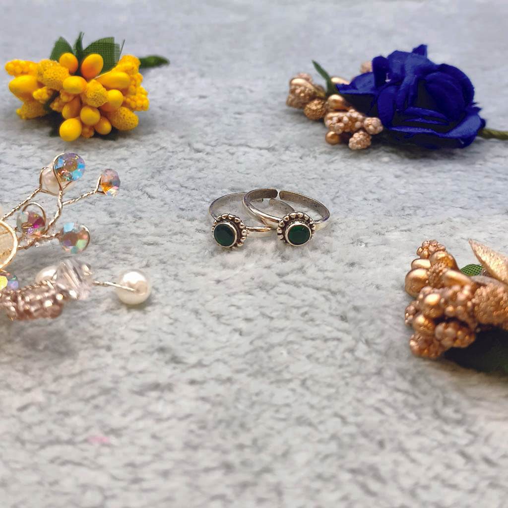 Green Stone Floral Toerings - Mayuri Silver House