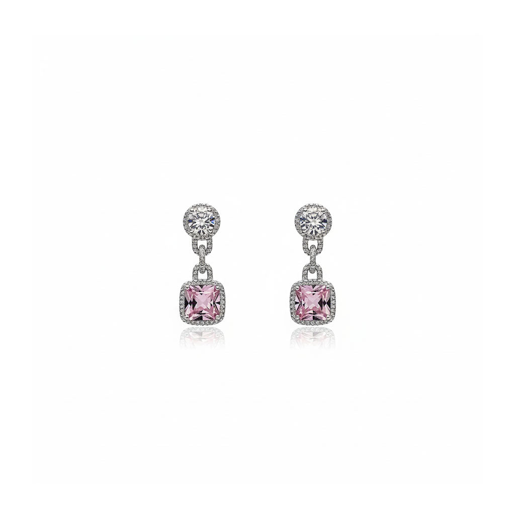 Pink Stone Silver Drop Earrings