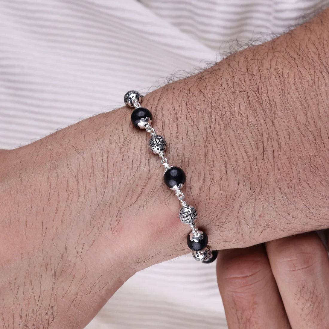 Karungali with Heavy Bead Silver Bracelet - Mayuri Silver House