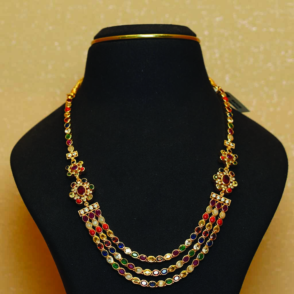 2 in 1 Three Line Necklace (Navaratan and Red)